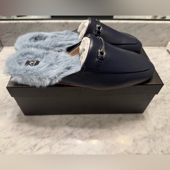 ZAC Zac Posen Navy Leather Savanna Faux Shearling Lined Mules